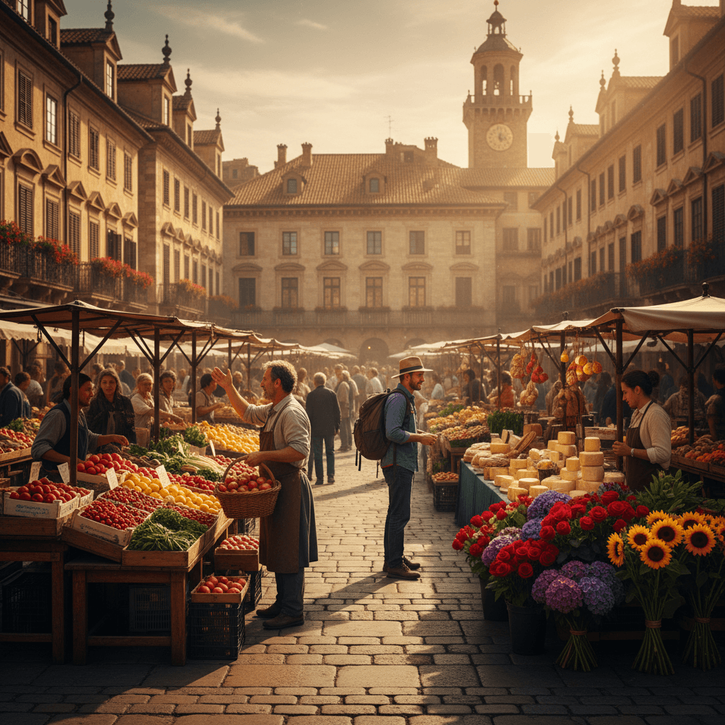 Bustling European market square with local vendors