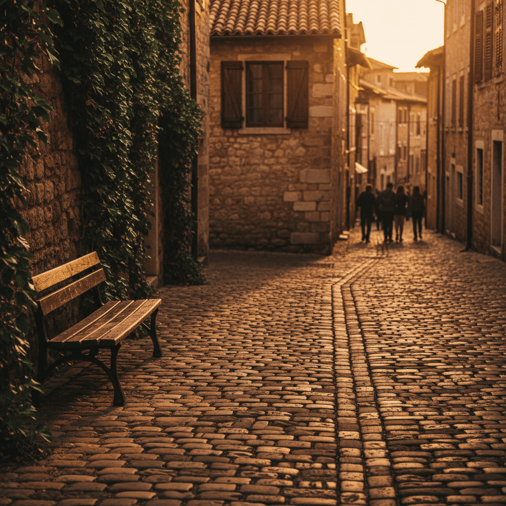 Narrow European old town street with historic stone buildings