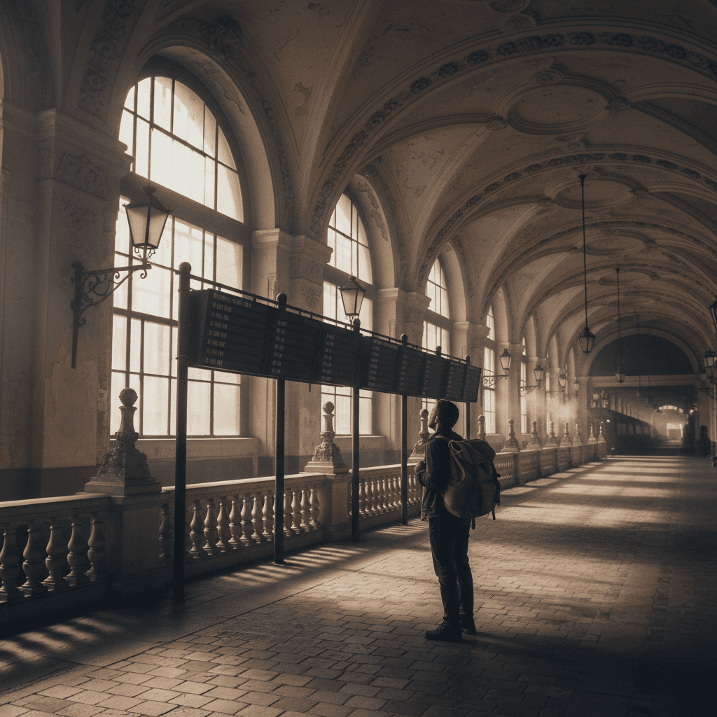 Traveler at European train station departure