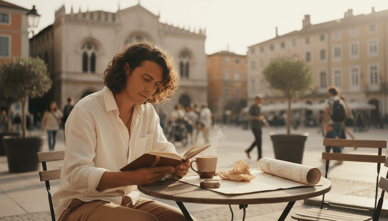 Traveler reviewing personalized travel plan at European café table