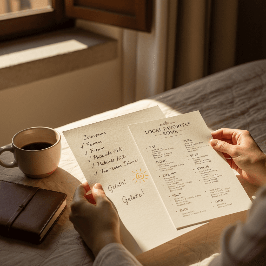 Detailed travel itinerary and local recommendations on table