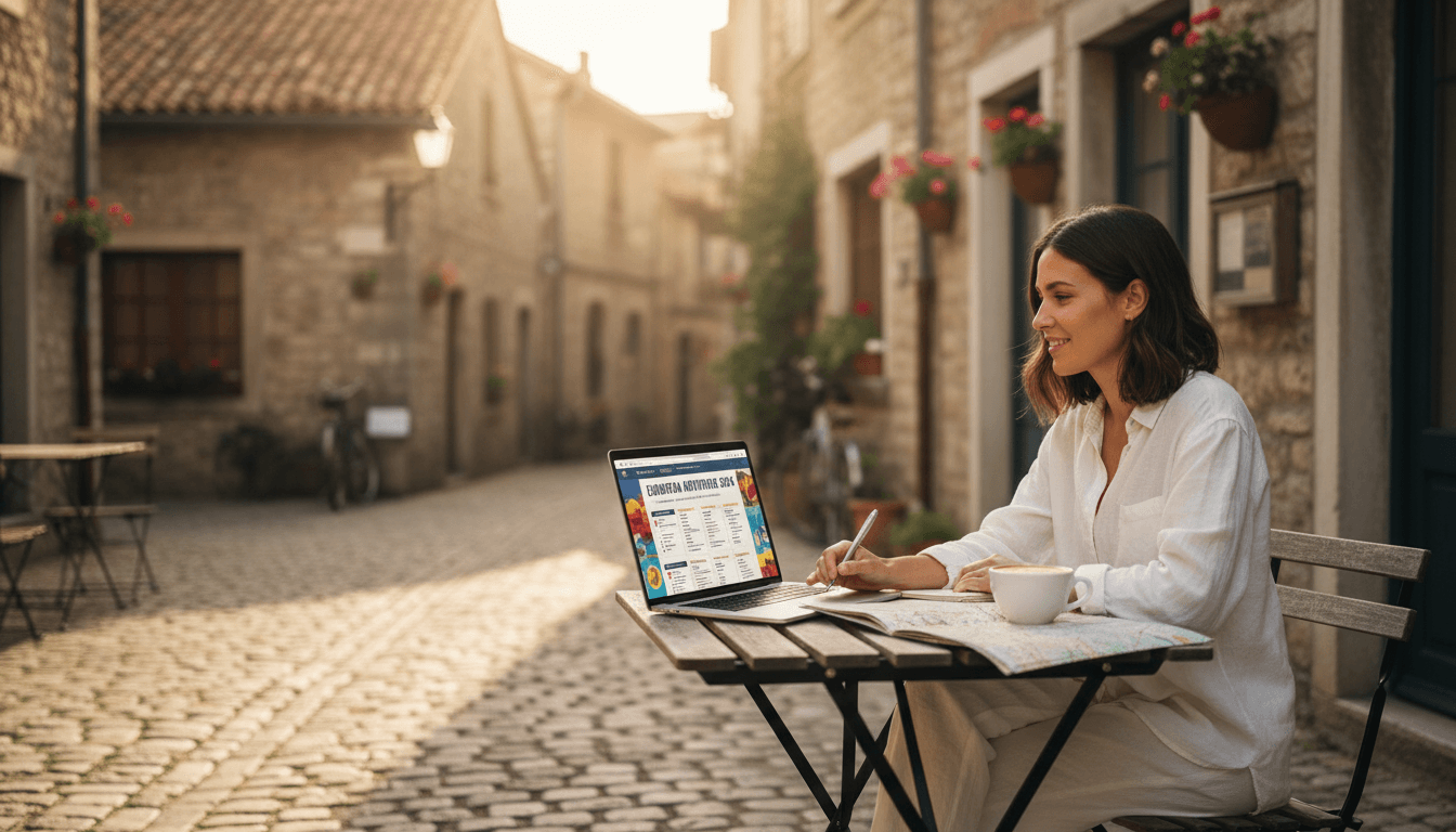 Woman planning a European trip at a café table with a laptop and travel itinerary