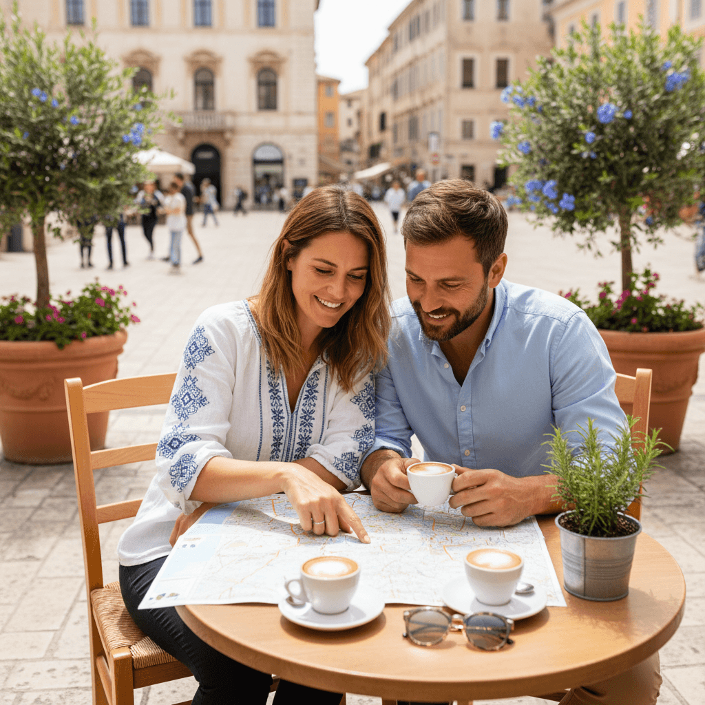 Travelers planning their trip at a European café